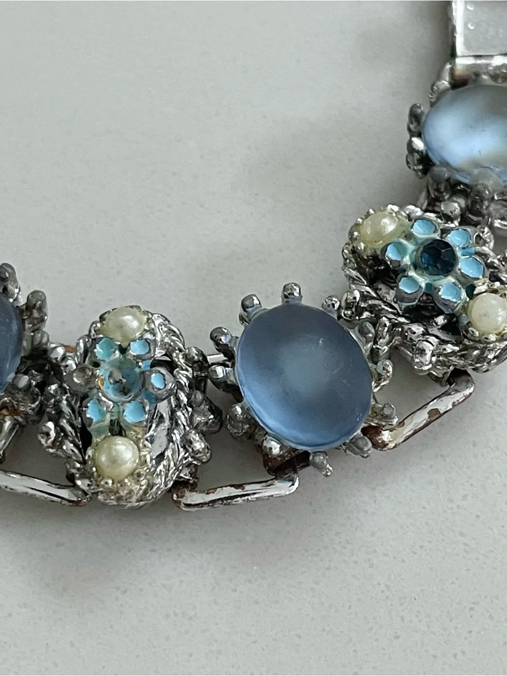 Vintage 1960s Floral Rhinestone and Moonstone Link Charm Bracelet